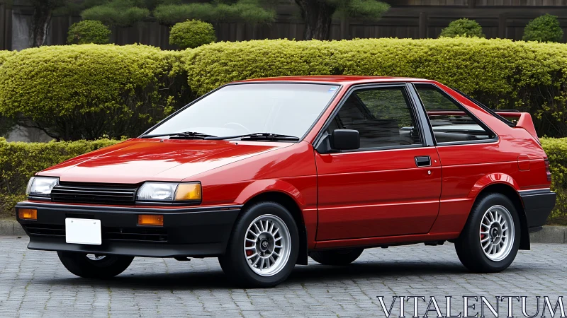 Retro red hatchback lounges proudly beside sculpted hedges