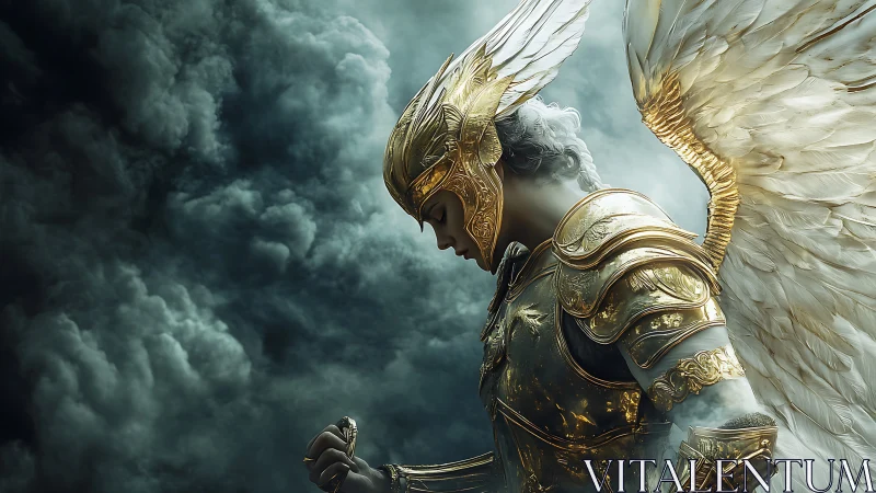 Golden winged warrior angel bows within storm clouds.