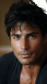 Handsome young man gazes forward in soft natural light