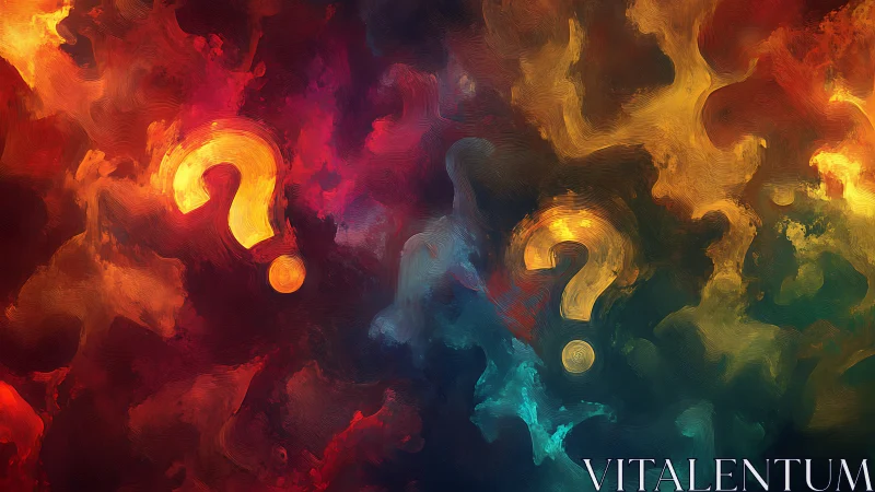 Question marks over multicolored swirling abstract background.