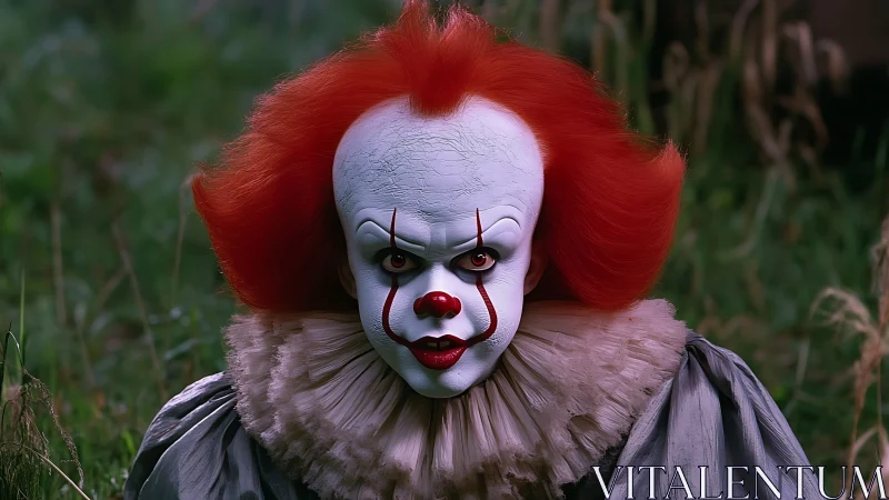 Creepy red haired clown in ruffled costume outdoors.