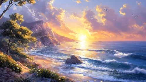 Coastal landscape with sunset, rocky shore and distant cliffs.
