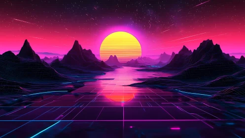 Neon vaporwave sunset illuminates low-poly cyber valley horizon