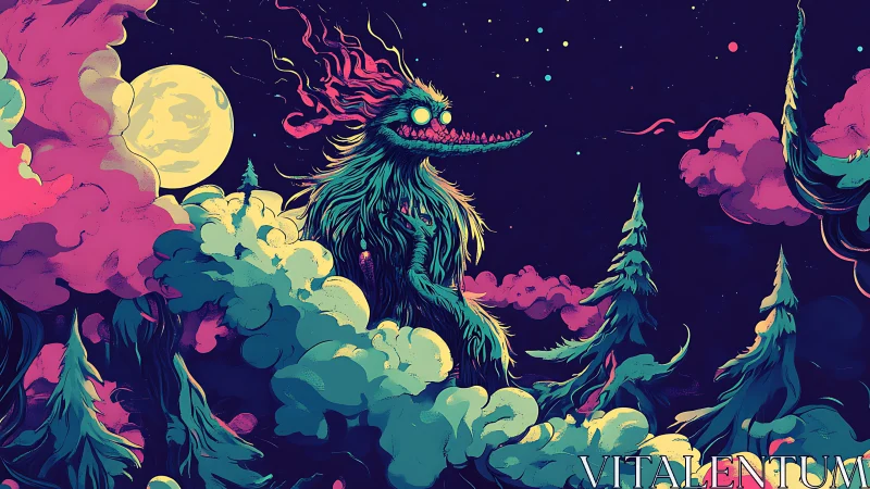 Neon monster silhouette above moonlit forest clouds.