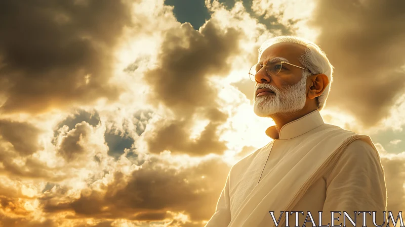 Elderly man in traditional attire under dramatic clouded sky.