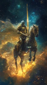 Celestial knight on radiant steed crossing a star-forged sky.