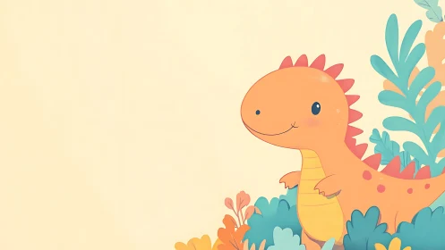 Orange cartoon dinosaur stands among pastel foliage left-aligned