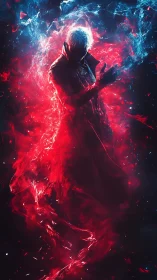 Energy-wreathed warrior in red blue bifurcated nebula field.