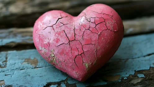 Cracked pink heart sculpture on weathered blue wood surface