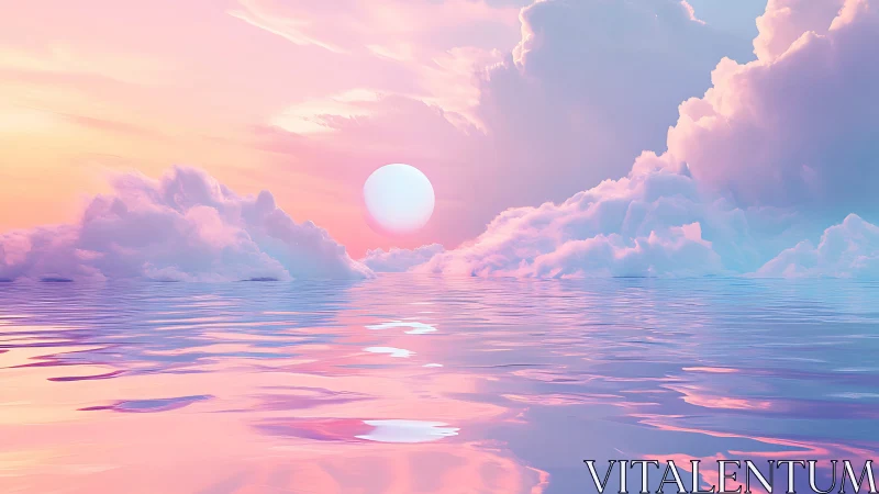 Dreamy pastel sunrise drifting over calm, reflective sea.