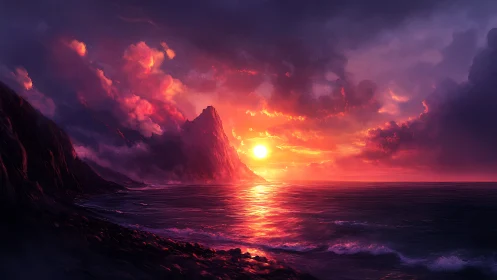 Coastal mountain shoreline under vivid digital sunset light.