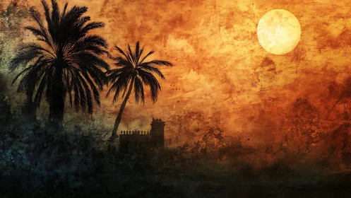 Sunlit desert palms guarding a quiet storybook fortress.