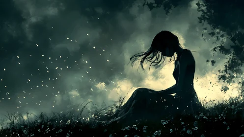 Quiet silhouette girl resting in a dreamy night meadow.