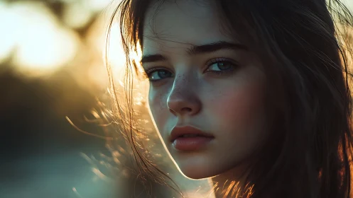 Soft sunset portrait of a thoughtful freckled young woman.