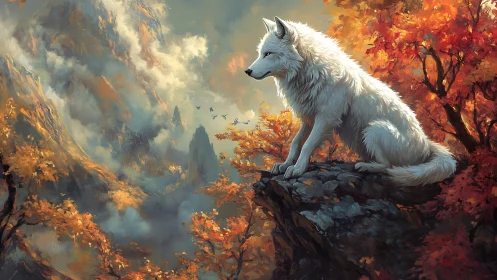 White alpine wolf surveying mist-laden autumn valley panorama.