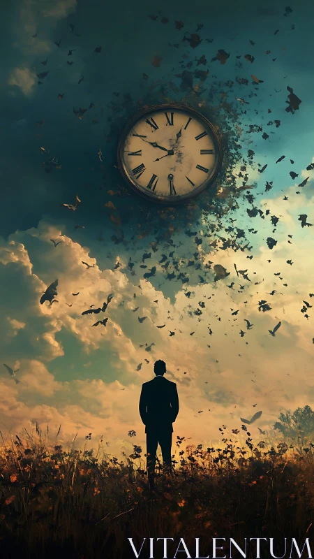 Quiet figure beneath a crumbling sky clock of drifting time.