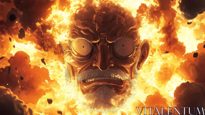 Elderly bespectacled face engulfed in high-intensity explosion