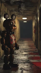 Rusty animatronic bear in grimy, bloodstained corridor.