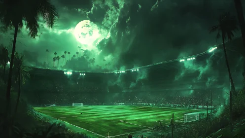 Lunar-illuminated jungle stadium under spectral emerald haze.