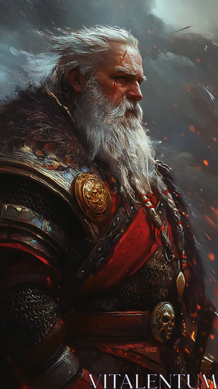 Storm-scarred warlord strides through embers and gathering dusk.