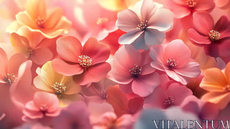 Softly lit digital blossoms in layered pastel tones.