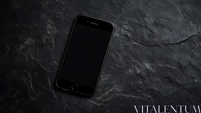 Black smartphone rests on textured dark slate surface.