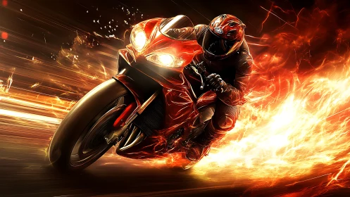 Flaming superbike rider carves through blazing urban speedway.