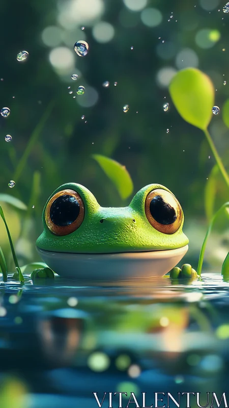 Wide-eyed cartoon frog gazes up through sparkling raindrops.