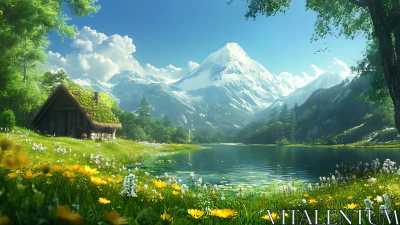 Snow-covered mountain rises beyond reflective alpine lake