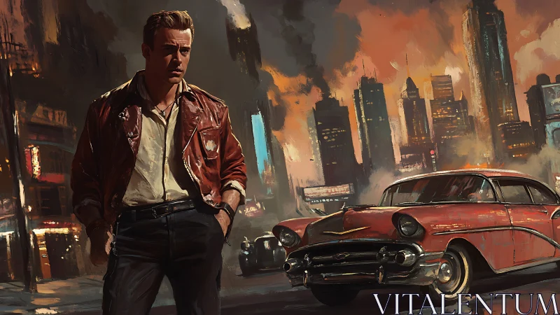 Noir digital painting of man and classic car in burning city.