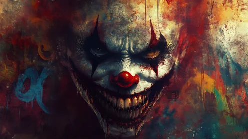 Sinister clown portrait glows against chaotic painted backdrop