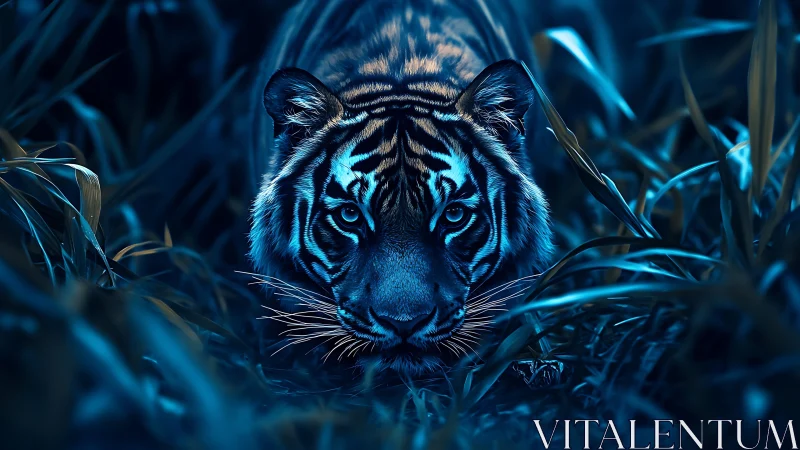 Nocturnal tiger portrait rendered in high-contrast cyan lighting