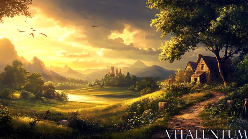 Golden hour fantasy landscape renders cottage and distant castle