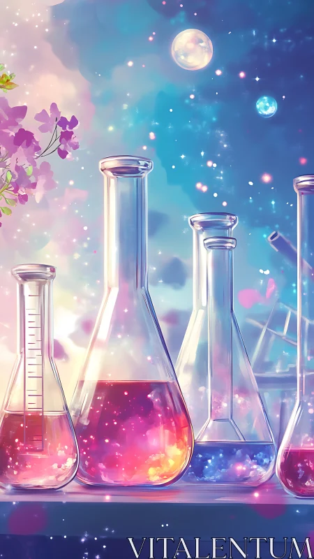 Laboratory glassware holds luminous multicolored liquid samples