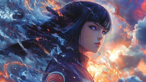 Blue eyed warrior faces blazing storm sky in profile.