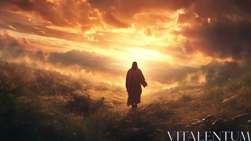 Solitary robed figure walks toward blazing golden sunrise