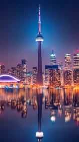 Neon skyline beacon mirrored in glass-still urban waters.