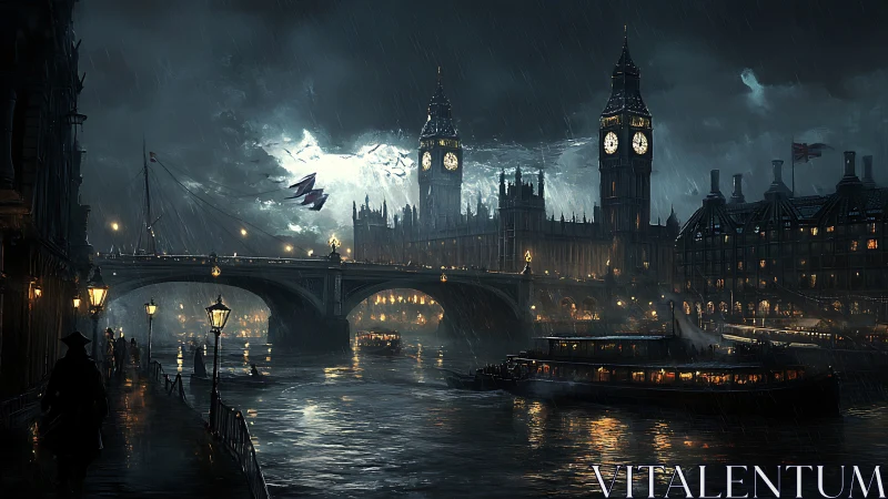 Stormlit neo-Victorian London waterfront under cinematic rain