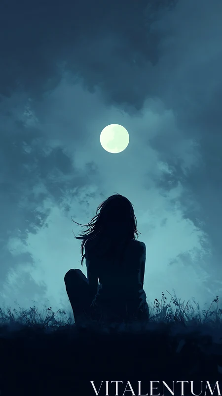 Quiet night under the moon with a girl lost in thought.