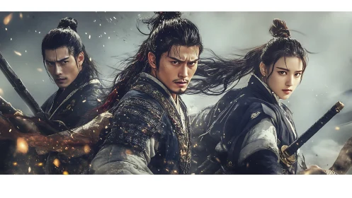 Triangular formation of wuxia swordsmen in dynamic storm-lit clash