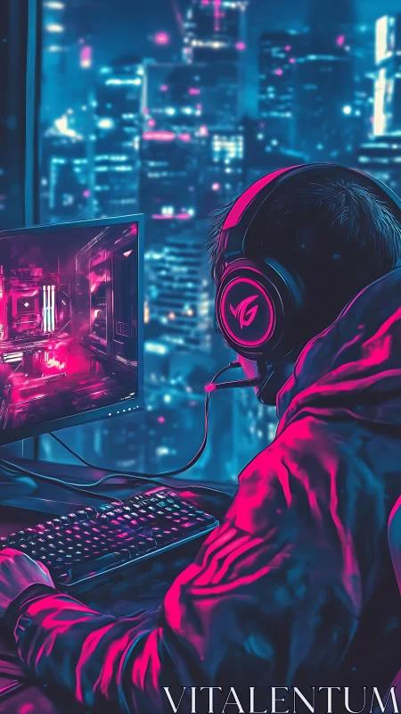 Cyberpunk gamer at neon PC setup over futuristic city.
