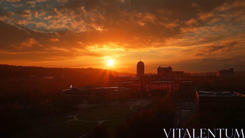 City skyline wrapped in glowing, ember-bright sunset light.