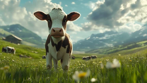 Curious young cow in sunny mountain wildflower meadow.