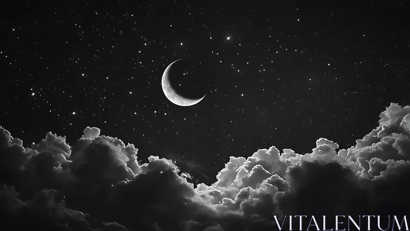 Crescent moon drifting above silver storm clouds at midnight.