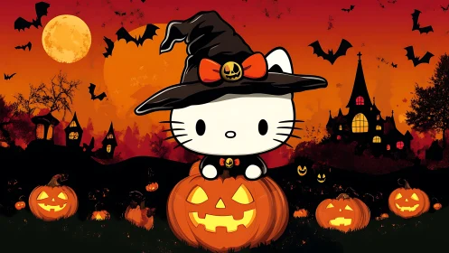 Cartoon cat in witch costume over jack o lantern scene.