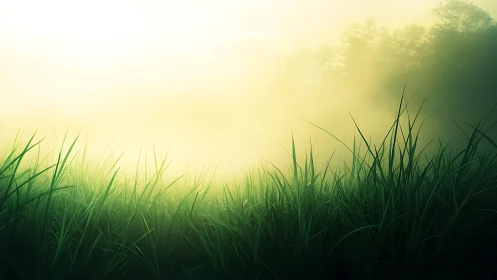 Lush green grass in morning sunlight, atmospheric nature scene.