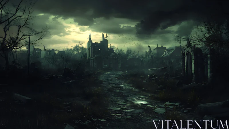 Forsaken city street under storm-laden twilight skies.