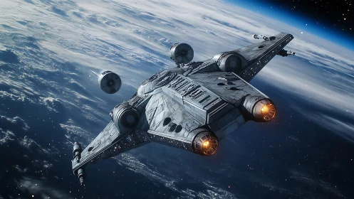 Futuristic starship cruises above Earth with glowing engines