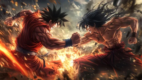 Explosive anime duel between muscular warriors in blaze of fire.