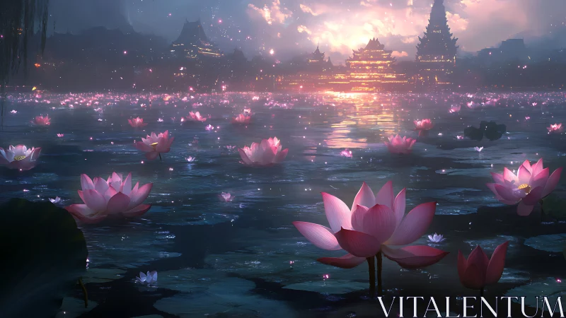 Twilight lotus lake before illuminated oriental temple skyline.